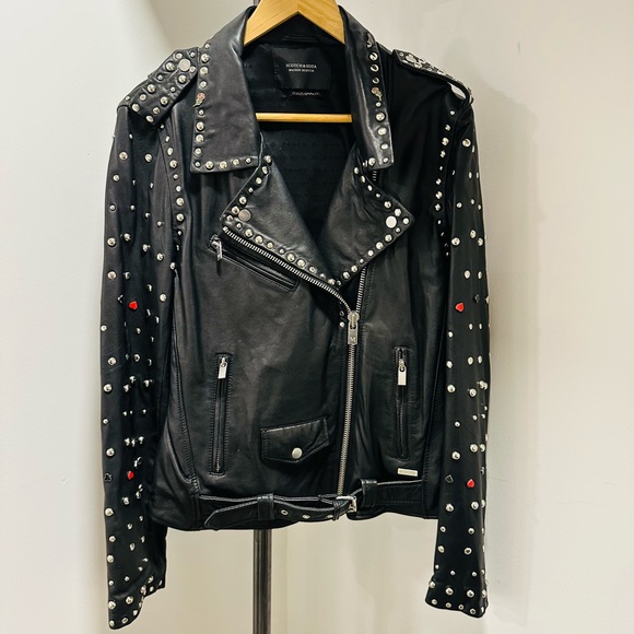 Scotch & Soda Black Studded Leather Biker Jacket with Red Accent - Picture 6 of 9